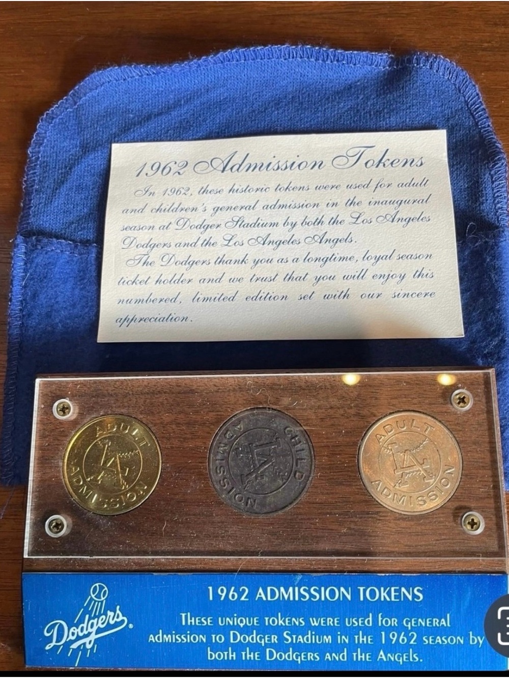Los Angeles Dodgers/Angels 1962 Blue Display with Vintage Admission Tokens